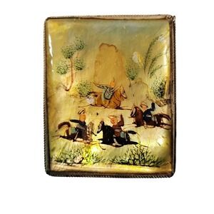 Vintage‎ Hand-Painted Mother of Pearl Brooch Pin Persian Horse Riders Silver